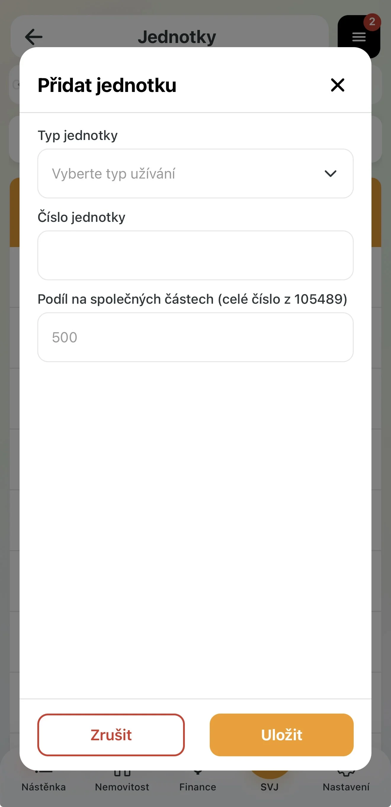 Formulář pro přidání nové jednotky
