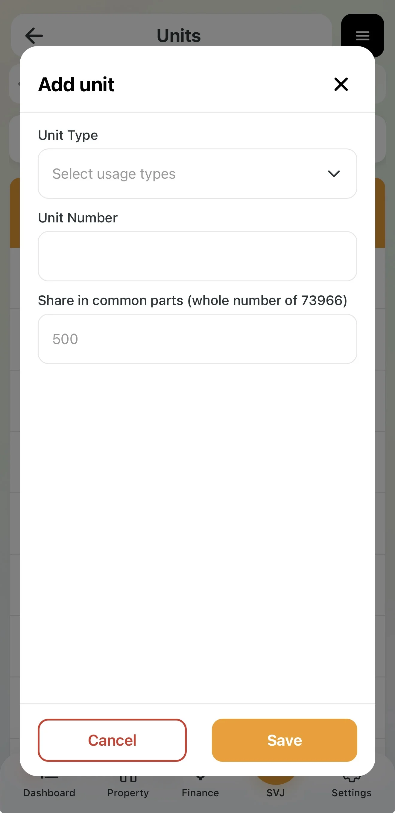 Form for adding a new unit