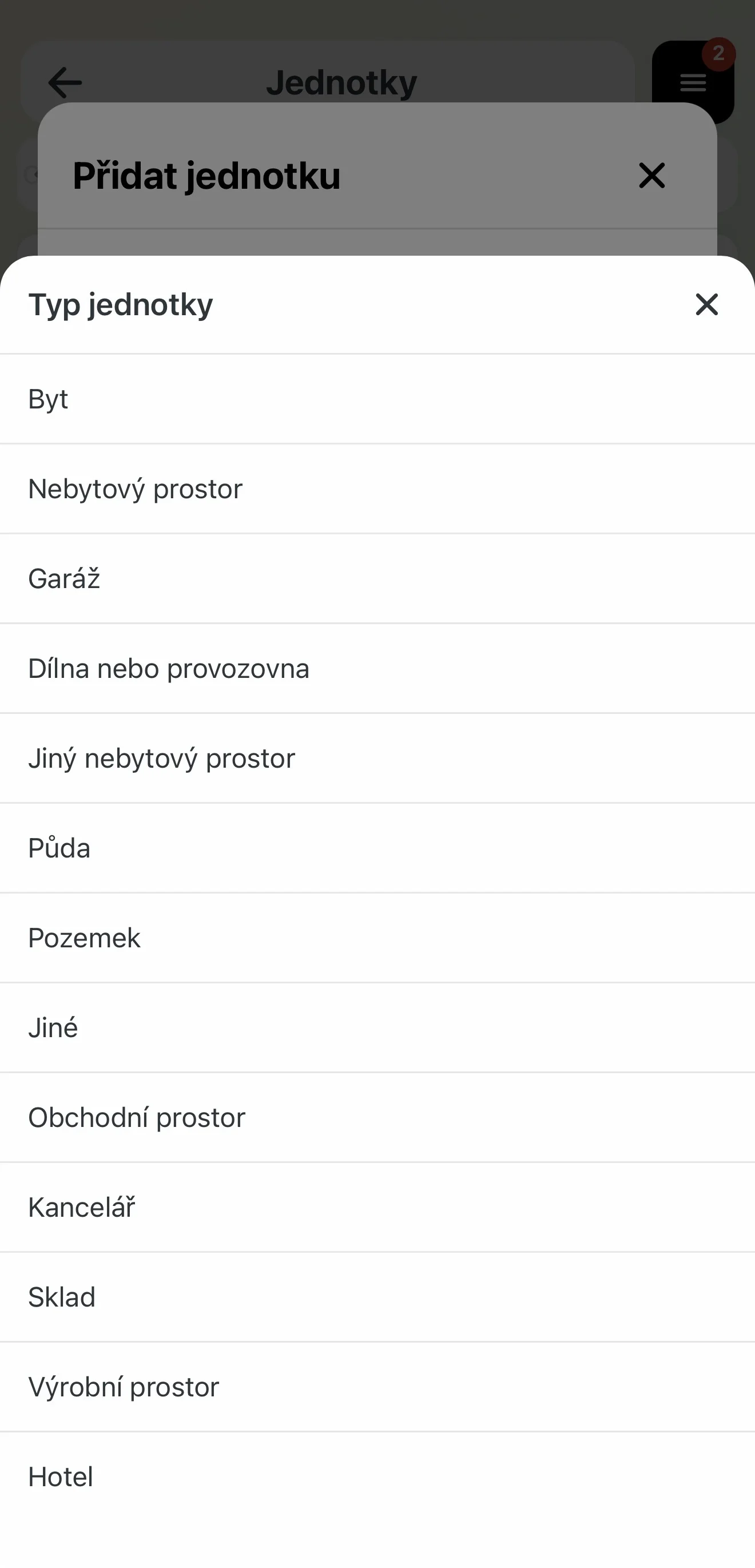 Výběr typu jednotky