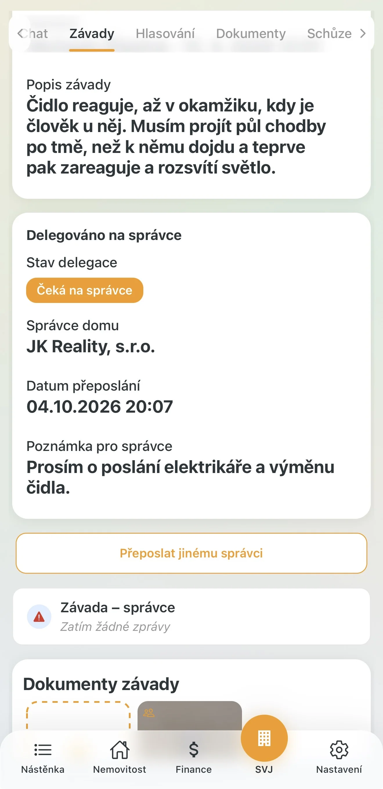 Karta Delegováno na správce se stavem Čeká na správce