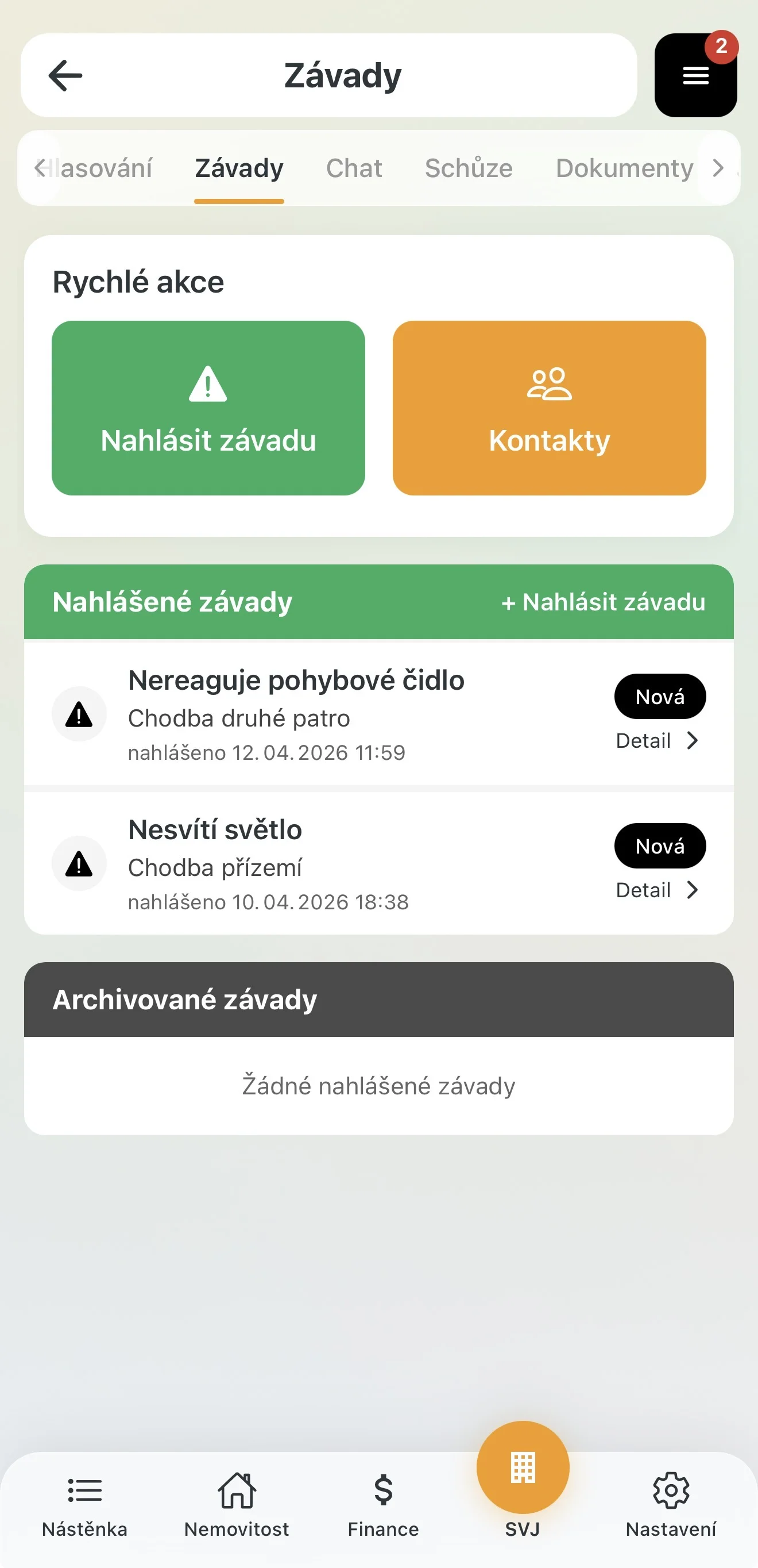 Detail závady s možností úprav