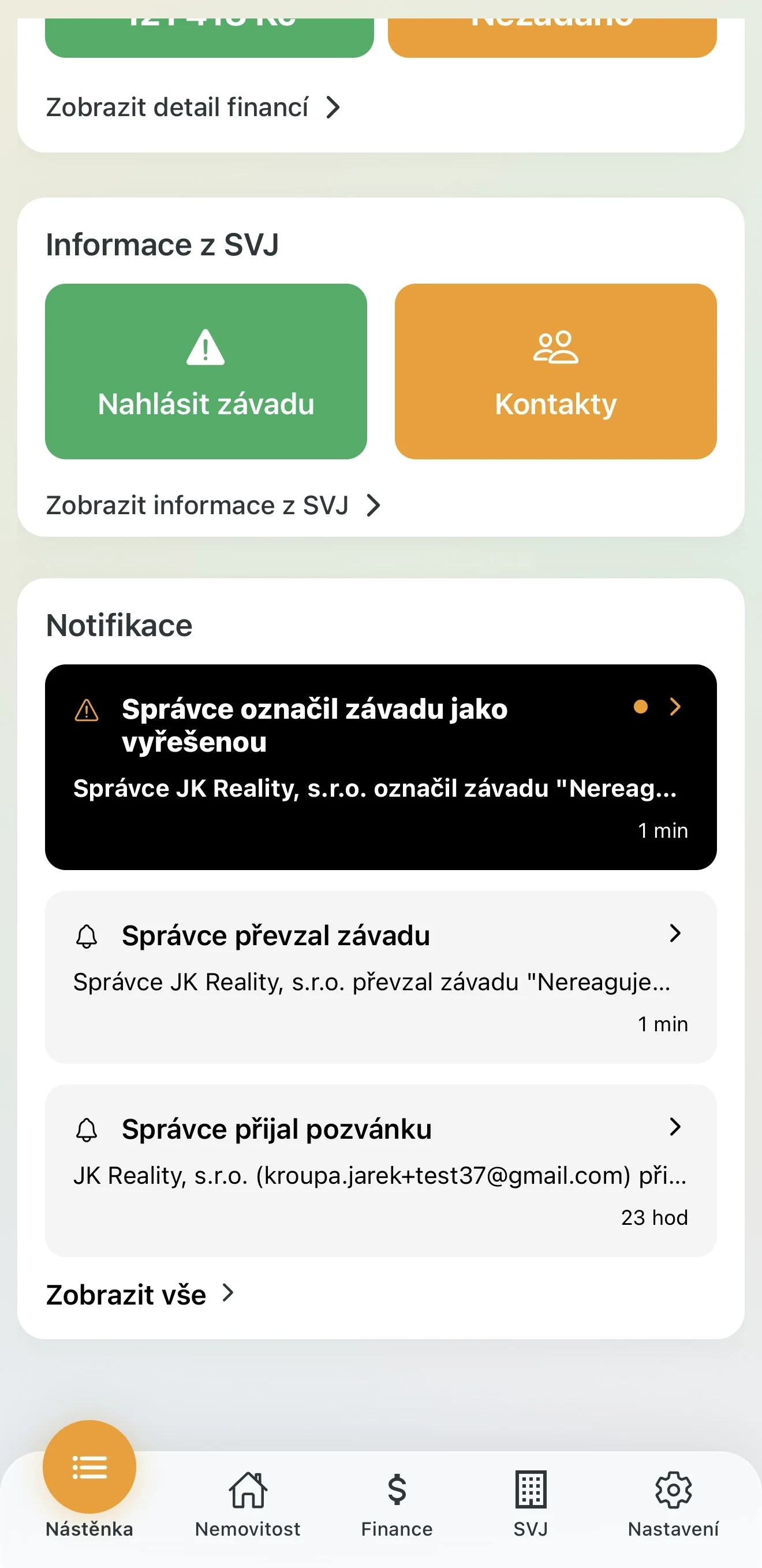 Notifikace od správce na Nástěnce