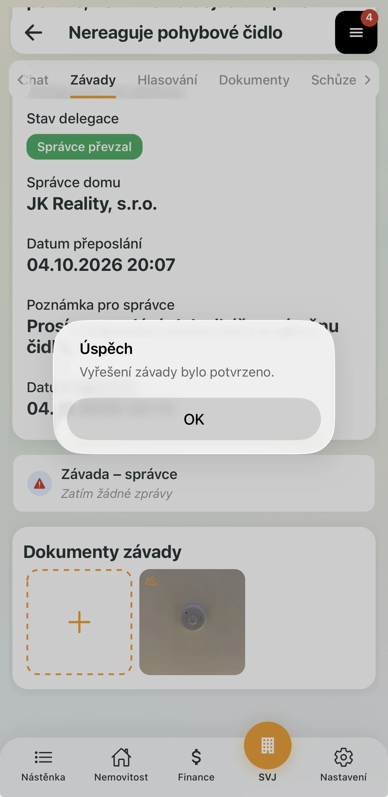 Potvrzení: Vyřešení závady bylo potvrzeno