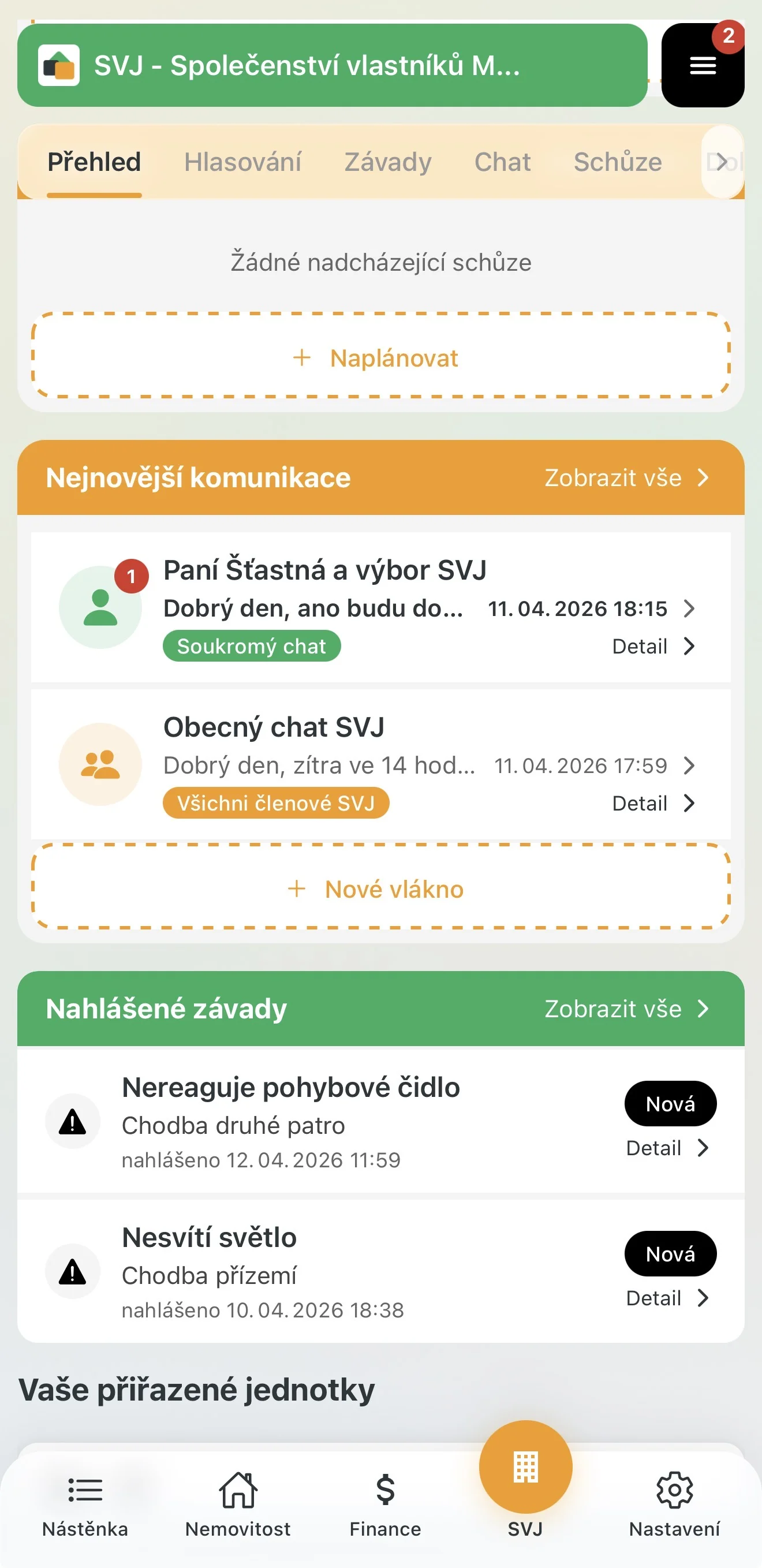 Přehled nahlášených závad v modulu SVJ