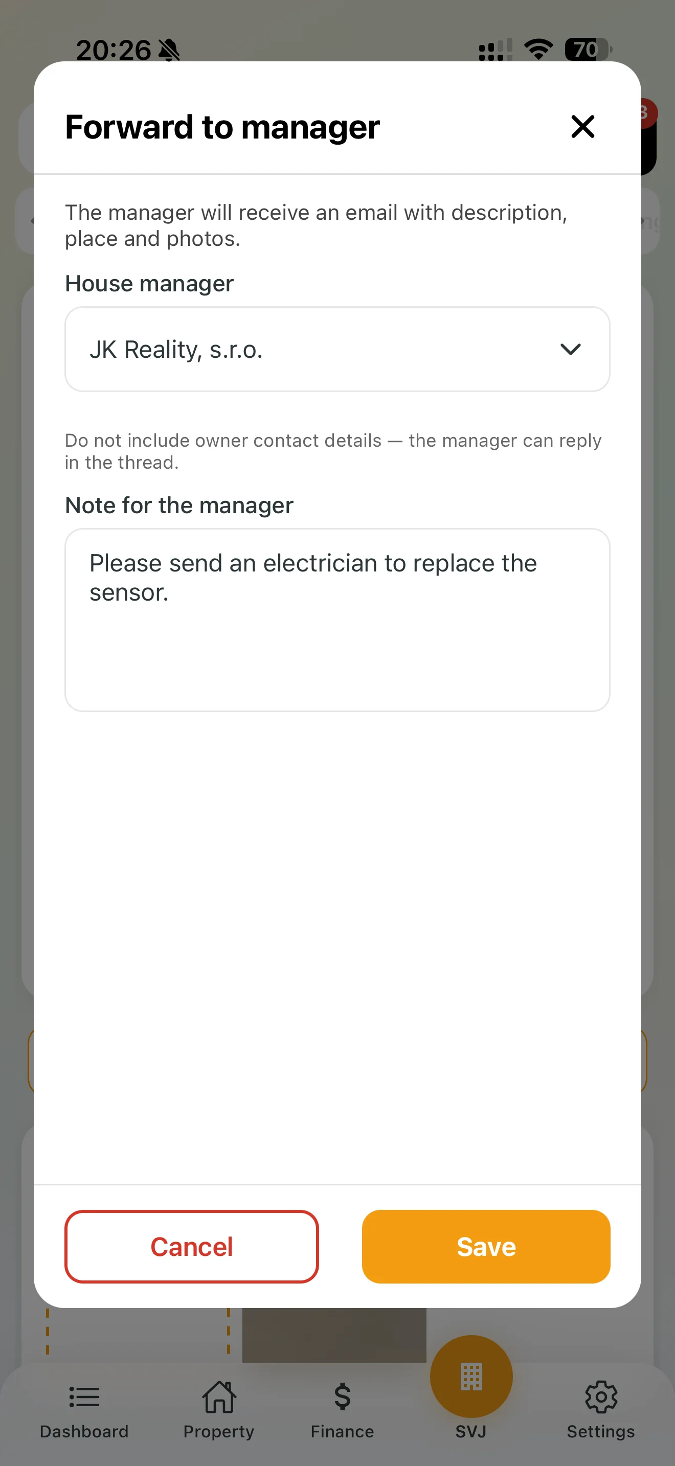 Forward to manager window with manager selection and note