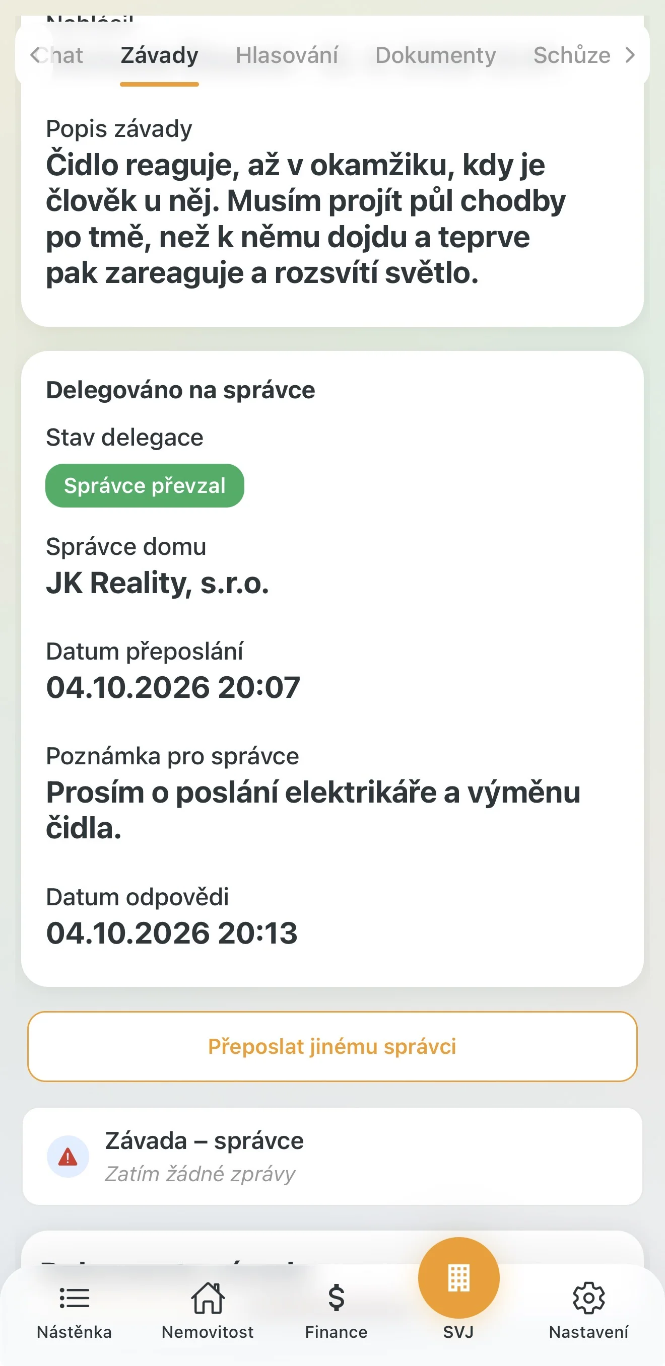 Stav delegace Správce převzal s datem odpovědi