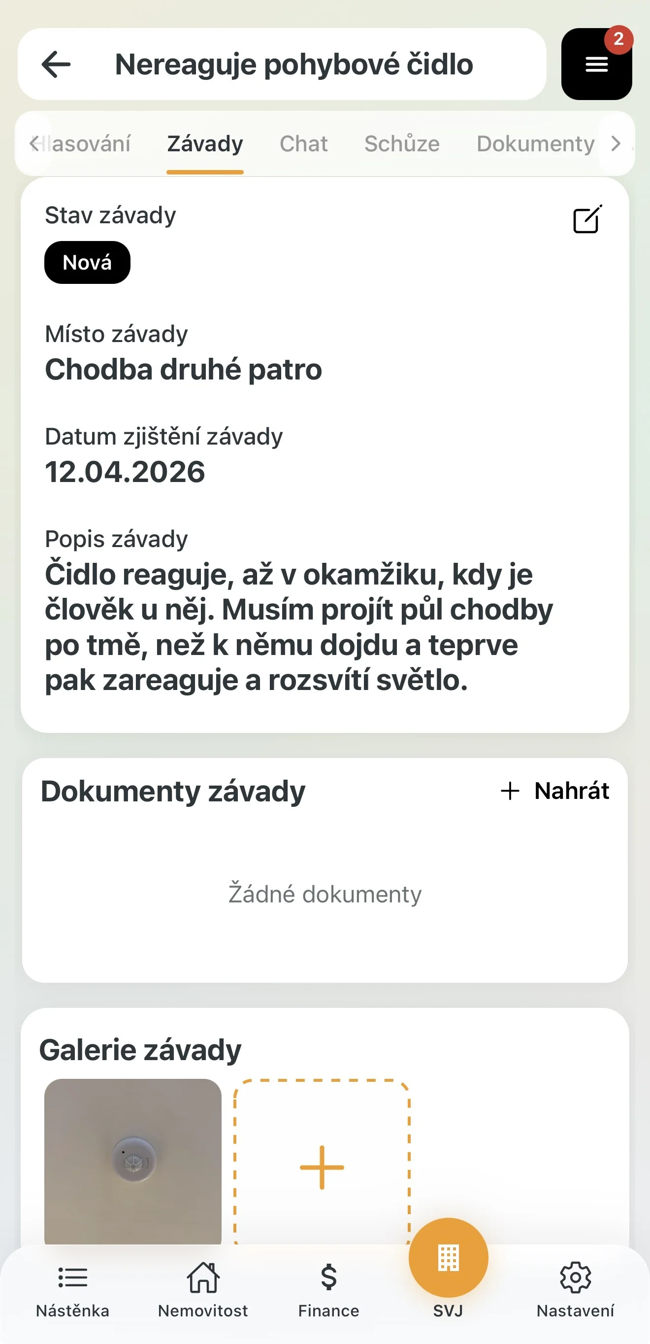 Detail závady s galerií a dokumenty