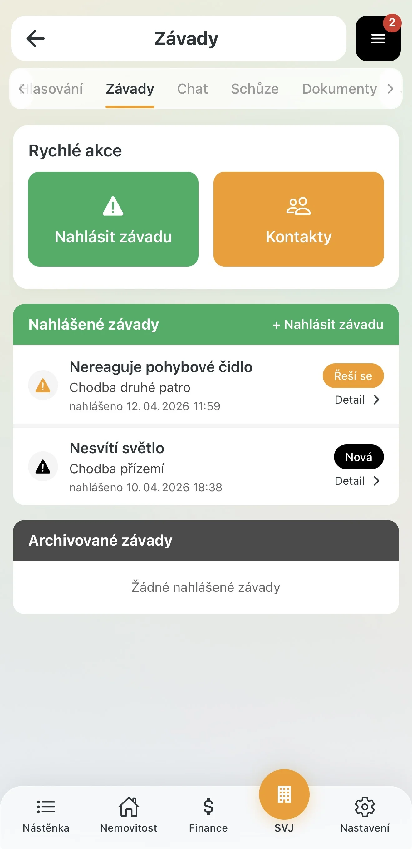 Přehled závad s aktuálními stavy