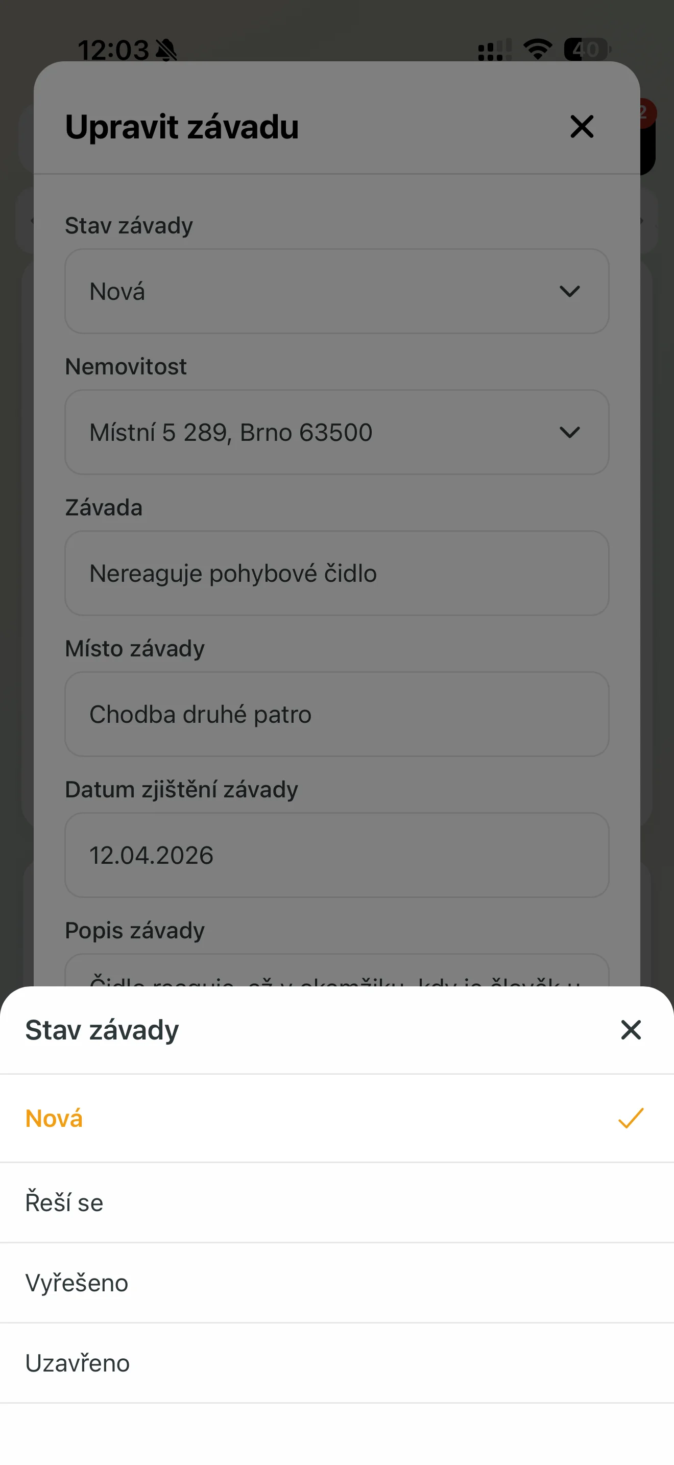 Výběr stavu závady